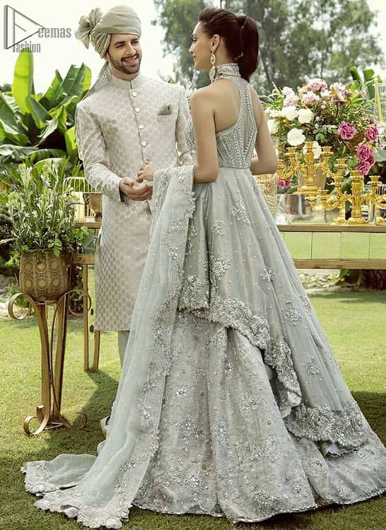 Pastel Green Back Train Peplum Lehenga – Dupatta. Elegance is personified when it gets paired up with a pastel green dupatta having chann and applique finishing all around the edges.