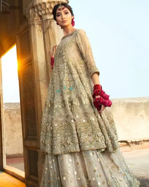 Pastel Green Double Layer Frock - Tea Rose Sharara. Fabulously stitched, Pastel Green double flared frock in maxi style is