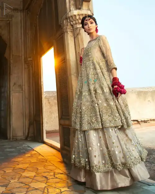 Pastel Green Double Layer Frock - Tea Rose Sharara. Fabulously stitched, Pastel Green double flared frock in maxi style is