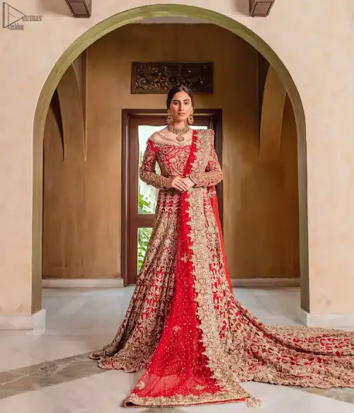 Red Off Shoulder Blouse - Back Train Lehenga n Dupatta for wedding