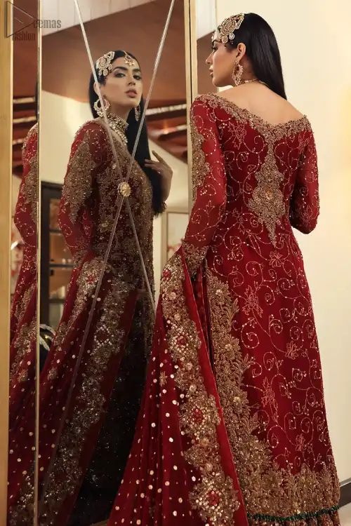 Maroon bridal wear long shirt, appliqued Gharara and matching heavily embroidered dupatta. We will make you believe in fairy-tales! Ethereal