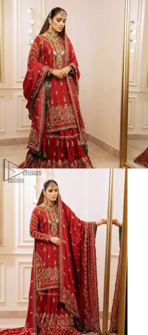 Deep Red Pakistani Bridal Wear Shirt, Gharara with Shawl.
