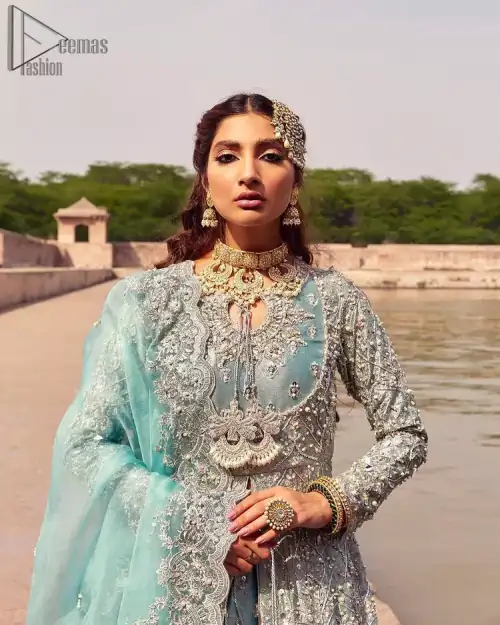 Baby Blue Front Open Maxi Lehenga - Dupatta