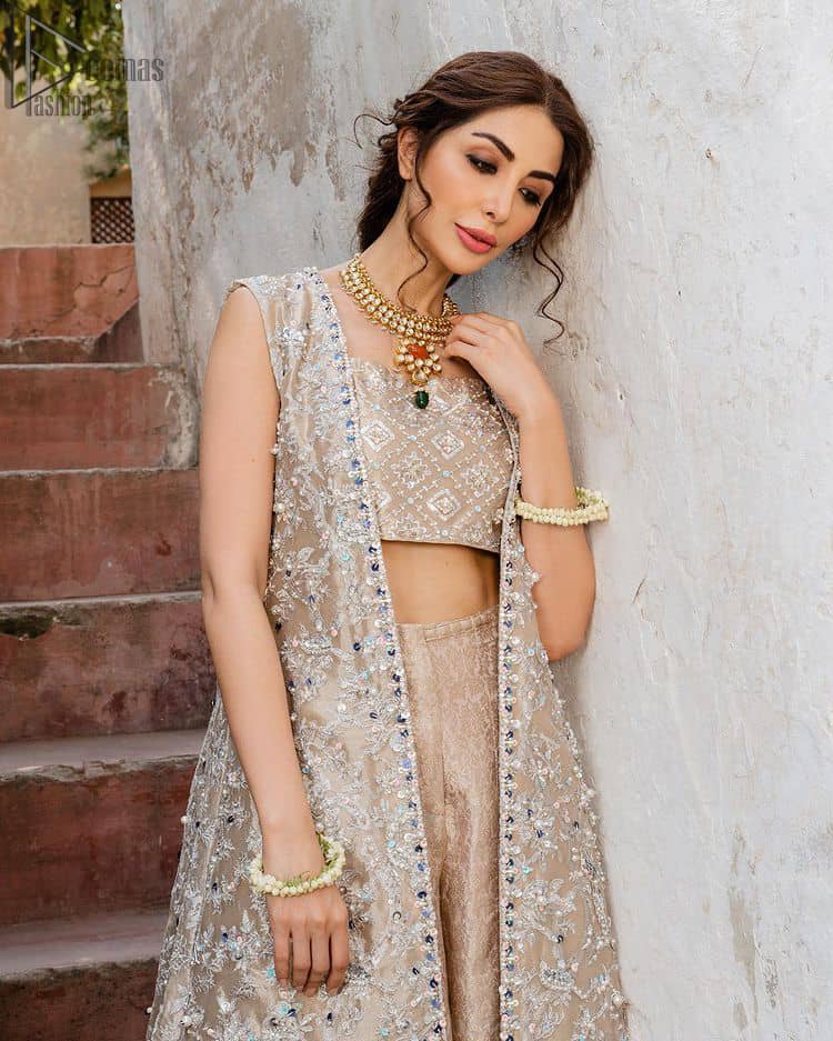 Pakistani Party Dress - Beige Open Shirt n Blouse - Palazzo Pants. A traditional design of mesmerizing silver embroidery intensifies its charm.