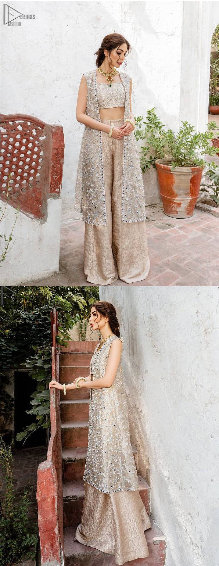 The dress is made with pure Katan Banarasi Jamawar that comes with a magnificent net choli followed by the perfect palazzo pants.Pakistani Party Dress - Beige Open Shirt n Blouse - Palazzo Pants. This attractive semi-formal dress would delight your day either at party wear.