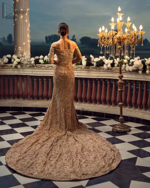 Take a step towards refreshing your wardrobe with our fawn off-shoulder back train mermaid gown. The outfit is perfected with