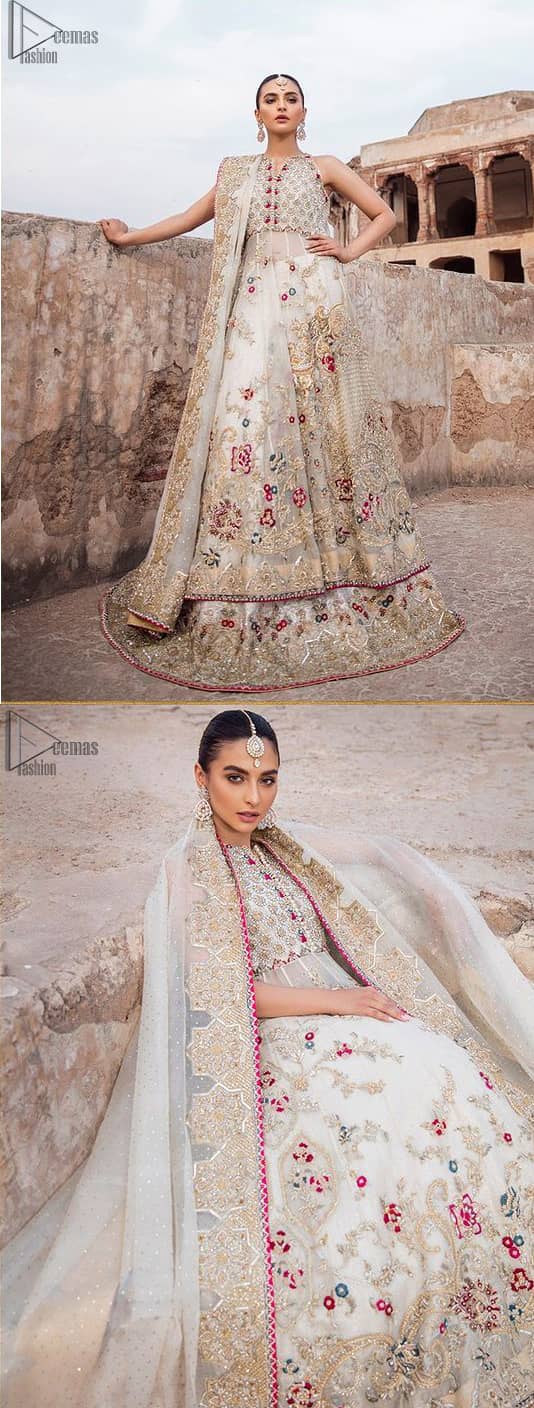 The new season is all about making a statement. It is an unforgettable look that will effortlessly take you from day to night this festive season. The bodice is fully embellished and the rest of the pishwas is ornamented with floral jaal with multiple color embroidery and thread work. The lehenga is more intensified with an embellished border with zardozi work on ivory canvas which instantly appeals to everyone’s attention. Dupatta is adorned with a delicate arrangement of hand-embellished geometric patterns with kora, dabka,sequins, pearls, crystal, and Swarovski all around the edges.