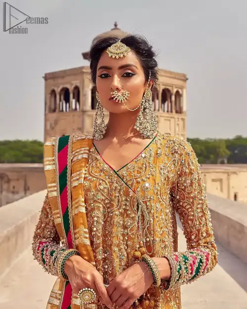 Latest Mehndi Wear - Mustard Angrakha Frock - Chatta Patti Dupatta. Presenting the Mustard Angrakha Frock, a charming Mehndi wear