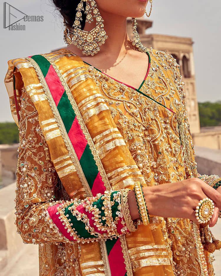 Latest Mehndi Wear - Mustard Angrakha Frock - Chatta Patti Dupatta. A beautiful touch of light golden embroidery embellished.