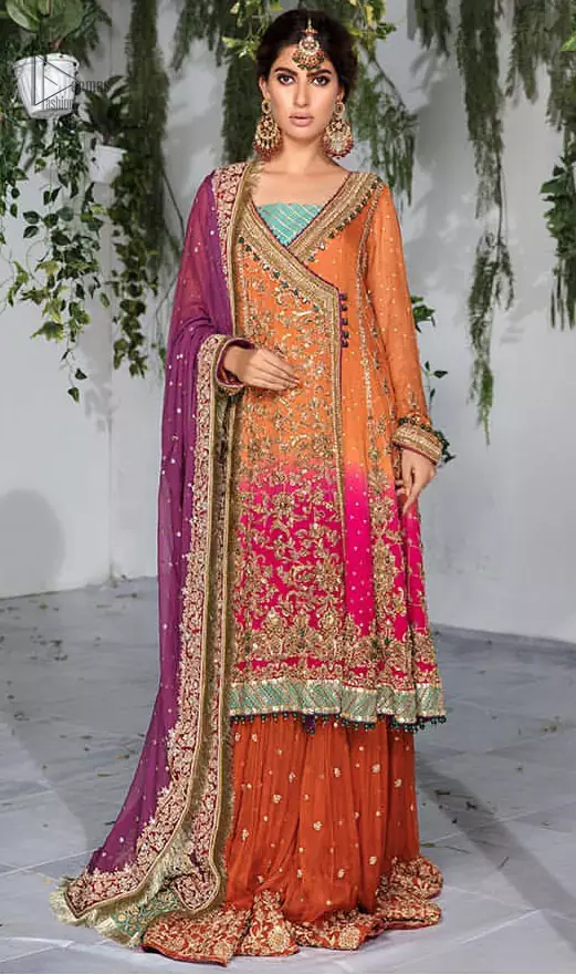 Orange Pink Angrakha n Sharara – Purple Dupatta for Mehndi - Wedding Shop -  Wedding Guest Dresses 2024 - Pakistani Bridal Gowns