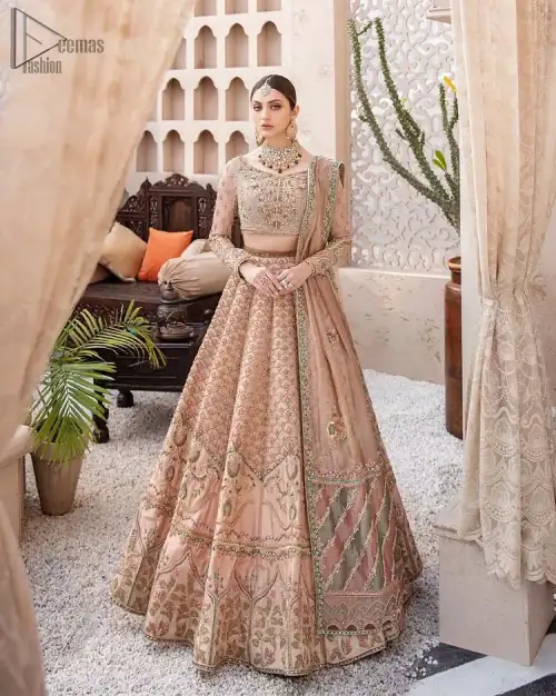 Pakistani Wedding Wear Peach Blouse Lehenga. DupattaThis breathtaking fit and flare wedding dress offers comfort without compromising on style. This