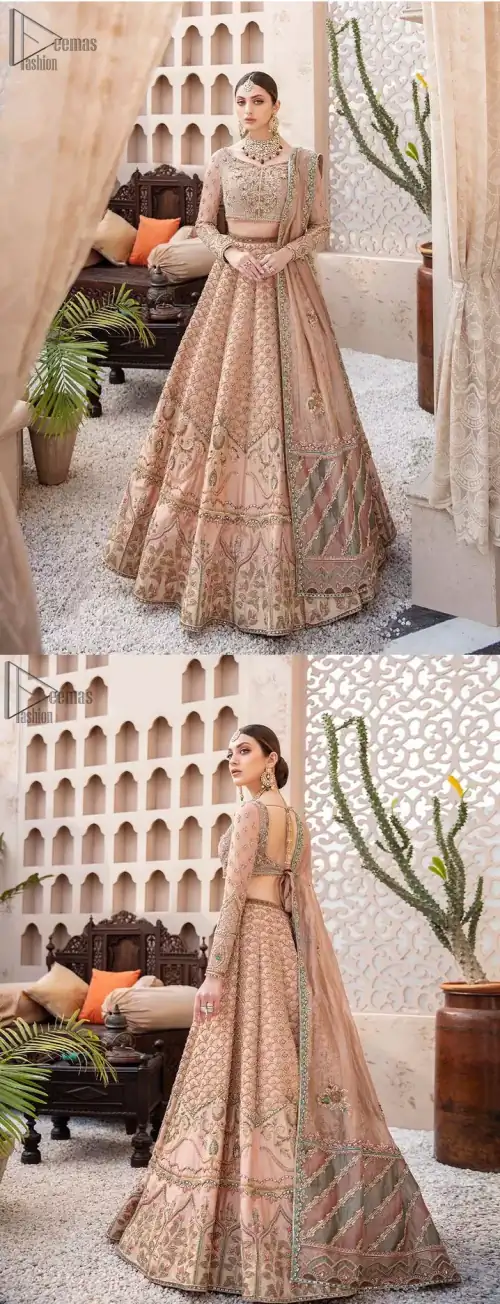 Pakistani Wedding Wear Peach Blouse Lehenga. DupattaThis breathtaking fit and flare wedding dress offers comfort without compromising on style. This