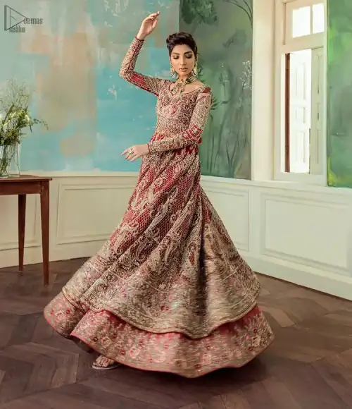 Red Lehenga Pishwas – Tea Rose Dupatta