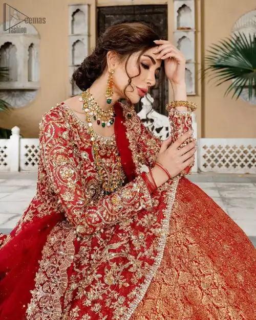 Red Bridal Peplum n Dupatta – Orange Lehenga. Red peplum with pure organza and fully engraved multi colour embroidery is