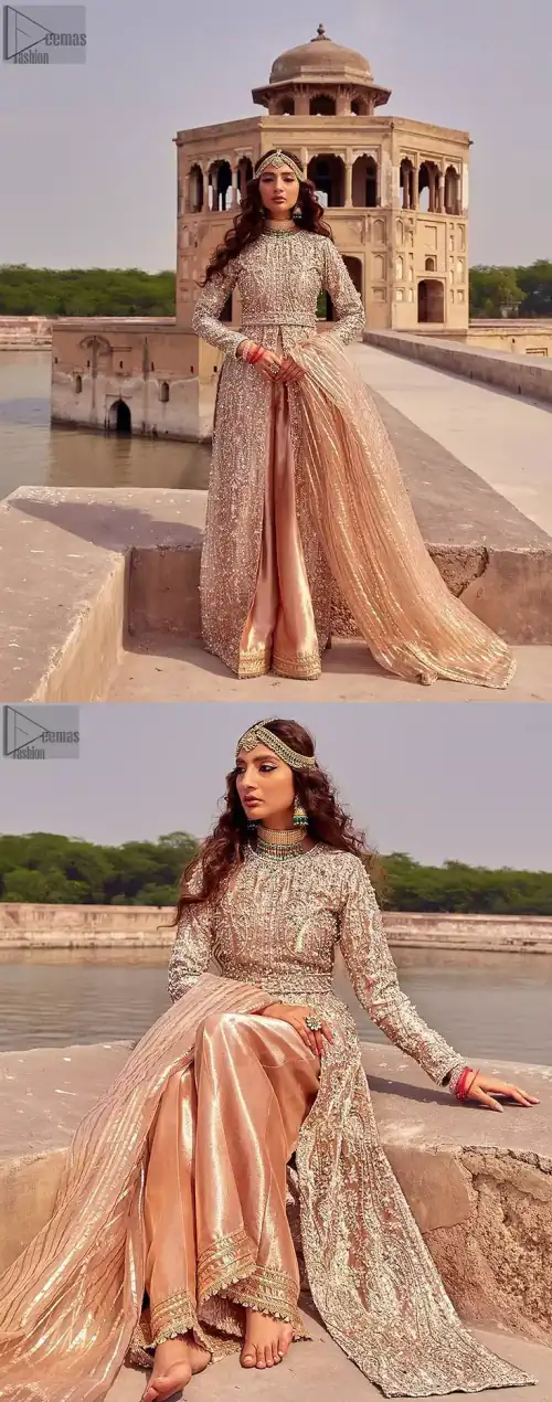 the dress with a tissue dupatta and graceful palazzo pants makes you the center of attention on your big day. Peach