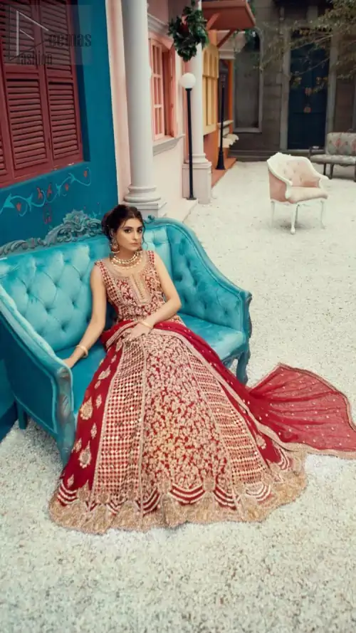 A marvellous back train, an elegant can-can style, styled with a ravishing criss-cross pattern and decorated with floral motifs. Red