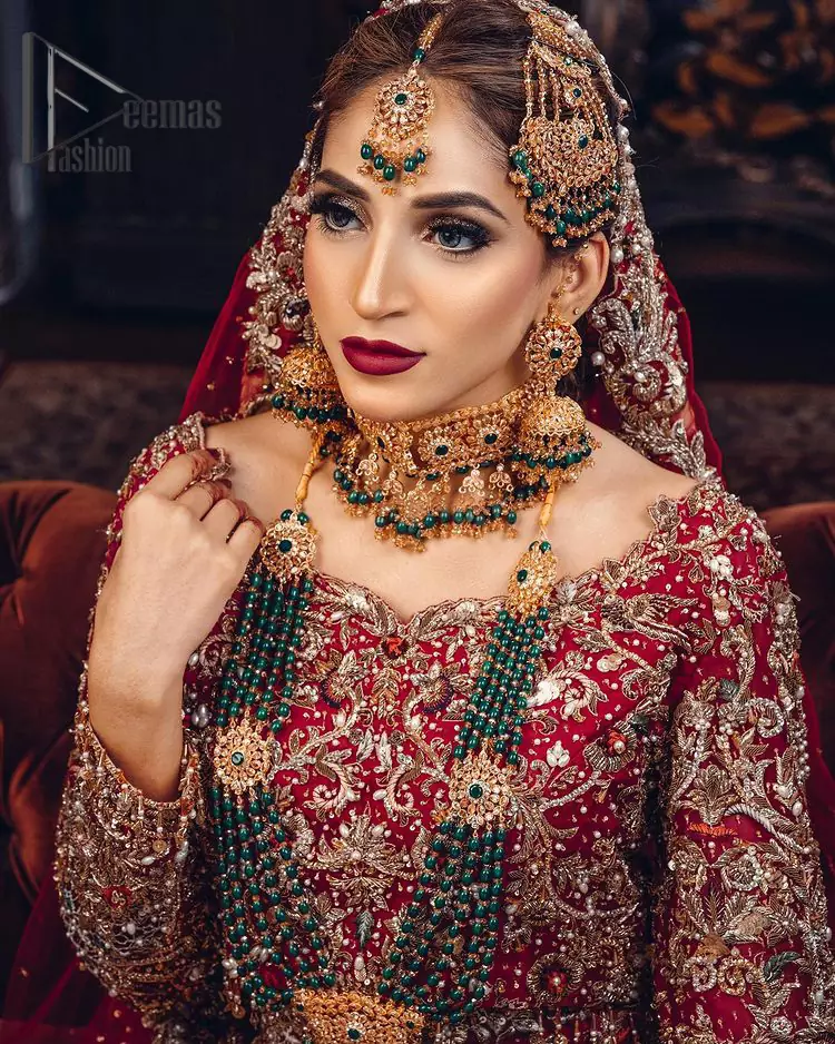 Pakistani Bridal Dress - Red Lehenga Blouse - Scalloped Dupatta