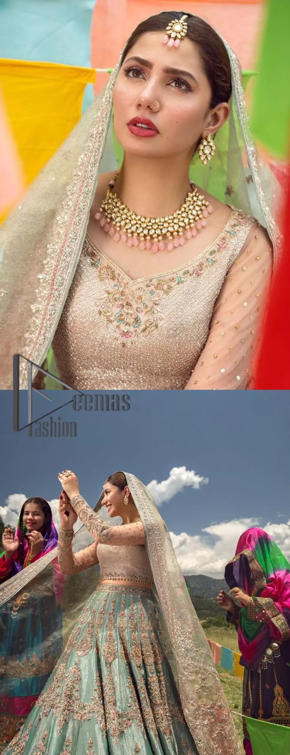 Talking about traditional, Deemas Fashion introduces the Aqua Lehenga and pink blouse which is an outstanding upgrade to bridal wear. This stunning full-sleeved attire presents an enchanting sweetheart neckline, embellished with the finest work of light golden embroidery, and adorned with pearls. This bridal wear has its own admiring look that comes with a tissue dupatta with embellished border. The Aqua colour of Lehenga gives so soothing look to the whole outfit. Furthermore, the lehenga is delicately adorned with golden kora, dabka, tilla, sequins and pearls embroidery. The border of the lehenga is also ornamented with embellished applique which gives the perfect ending to this outfit.