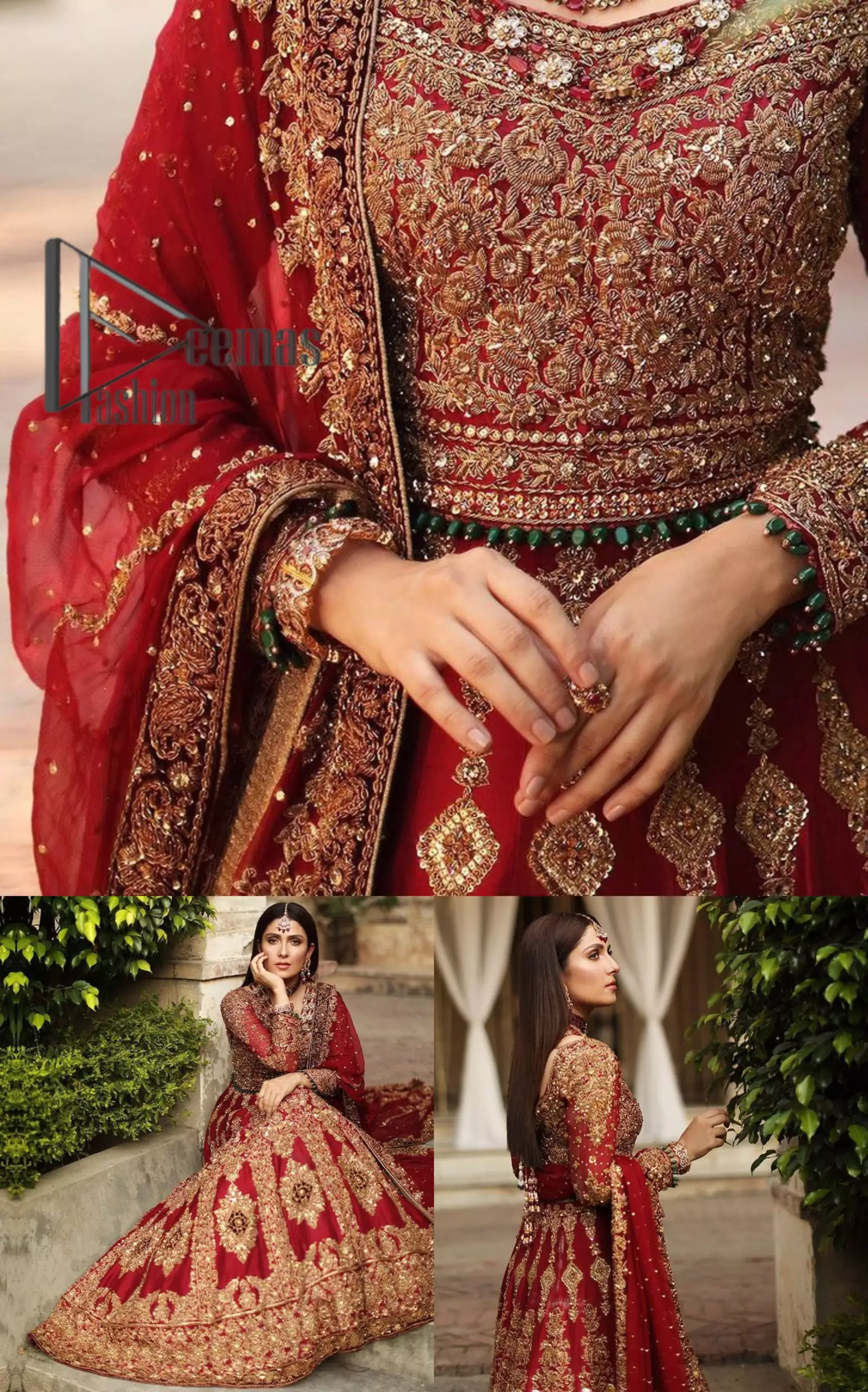 We're sure that all girls love slipping into "maroon outfits for weddings" So, we create this maroon article that will capture your moments on your big day. All details of the blouse are just amazing as it is adorned with golden tilla, kora, dabka embroidery. Just look closely at the boat shape neckline of the blouse that gives super-duper look when combine with full-length sleeves. Furthermore, it is coordinated with can can lehenga just to boost up your day by giving dreamy look. Conclude this maroon article with a chiffon dupatta that has four-sided embellished lace to capture your moments.