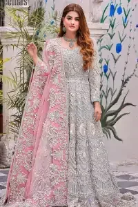 Need a quick fantastic pick for you Walima? So you're in the right place. DeemasFashion presents mint green heavy maxi that is delightfully ornamented with silver embroidery that includes kora, dabka, pearl and crystal work just to give you a lovely and pleasing look. In addition to this, the sweetheart neckline of the maxi is super stunning when comes to the combination of attractive full sleeves. It is coordinated with a pink dupatta that is embellished with four-sided beautiful embroidery just to steal your special one's heart on your walima day.
