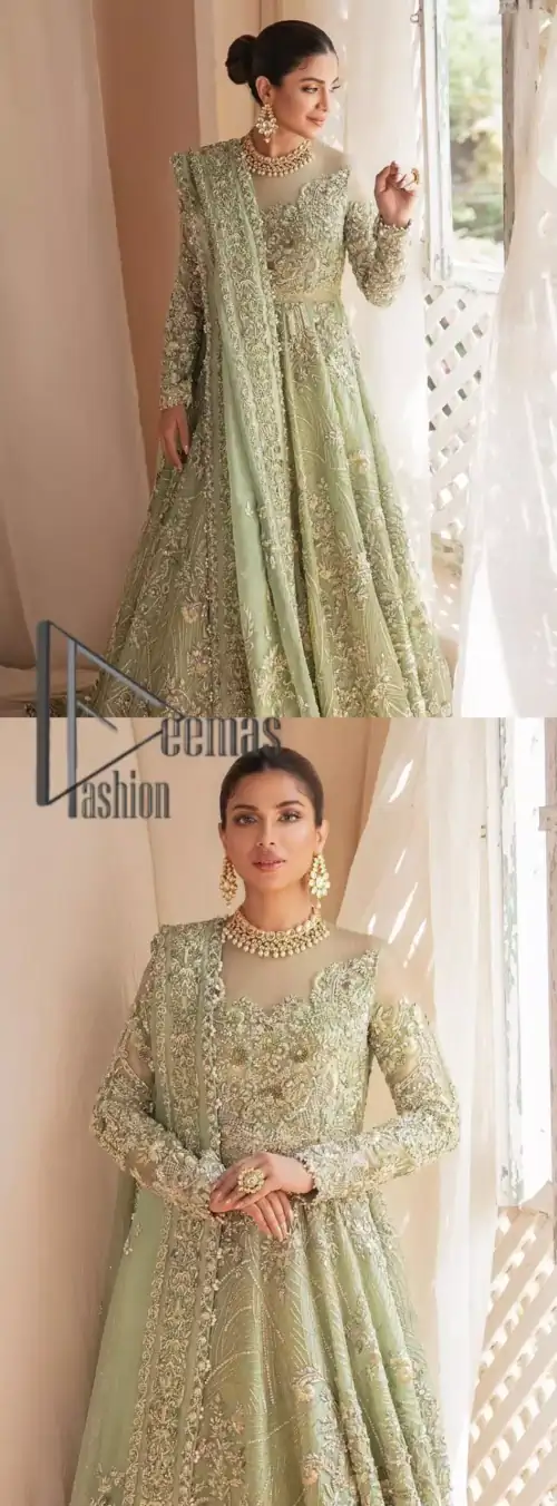 A time of life that is not just an occasion but a celebration. A pastel green scalloped maxi laboriously frosted