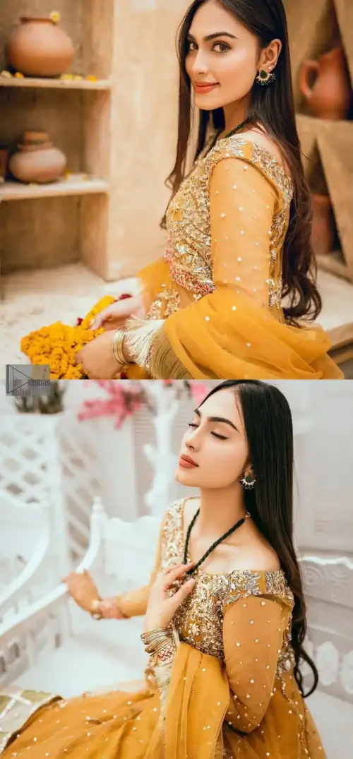 Mustard is just associated and boosts your Mehandi. Presenting a dreamy mustard frock with a heavily embroidered bodice on a