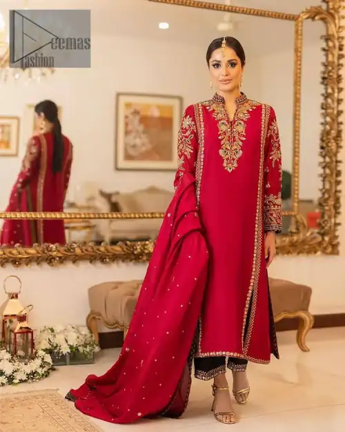 The forever favourite red dress channelling your inner diva. A luxury red long shirt rendered with intimate embroidery in golden