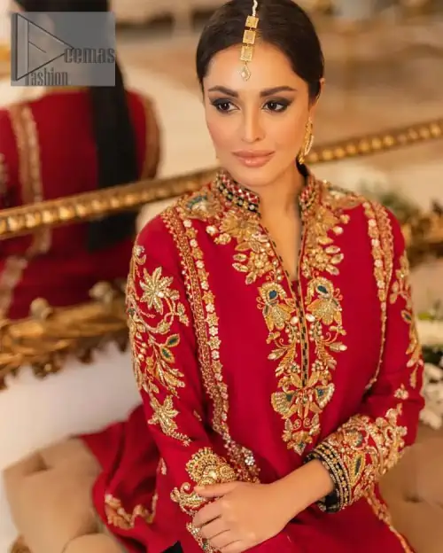 The forever favourite red dress channelling your inner diva. A luxury red long shirt rendered with intimate embroidery in golden