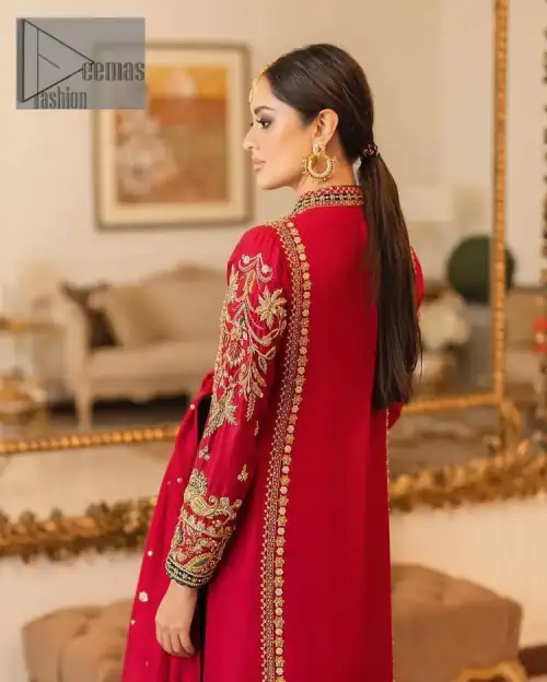 The forever favourite red dress channelling your inner diva. A luxury red long shirt rendered with intimate embroidery in golden