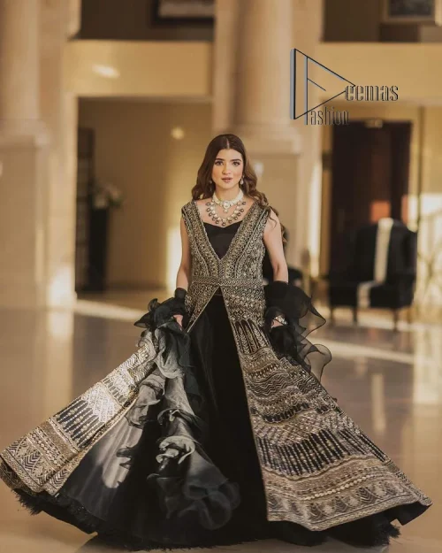 Wear black in-depth to lead colourful lives. DeemasFashion presents black party wear which includes a front open maxi having light