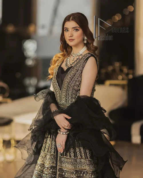 Wear black in-depth to lead colourful lives. DeemasFashion presents black party wear which includes a front open maxi having light