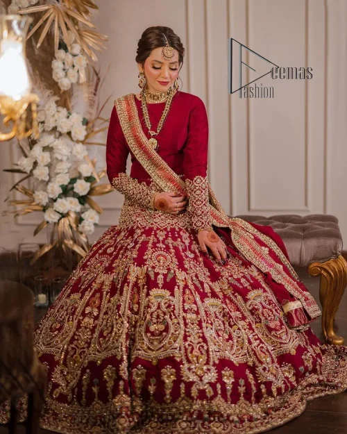 There is a shade of deep red for every bride. This Pakistani reception article begins with a deep red blouse