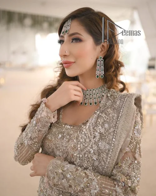 Start your new life by wearing DeemasFashion. Make your moment more memorable with light fawn heavy maxi nikah wear which