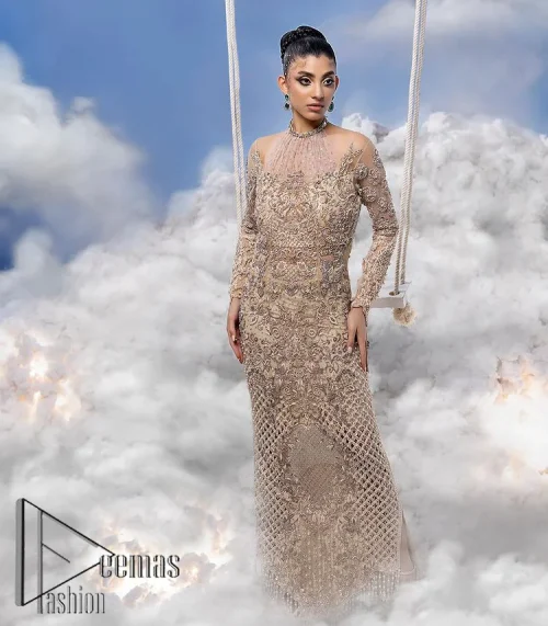 It was love at first swipe. A light fawn heavily hand-crafted maxi for an elegant daytime Nikah look. This light