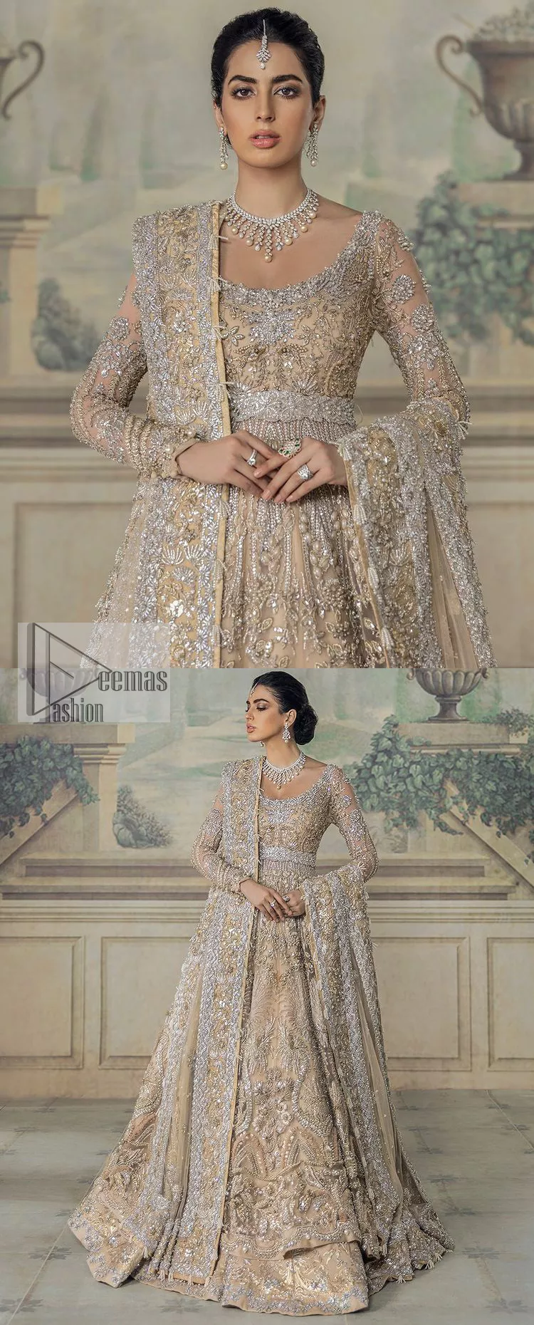 Beautiful fabrication and whimsical embroidery. What an absolute treat! The yellow maxi defines endless transitions of the intricate embellishment of silver embroidery, the patterns which portray a fusion of modern twists which enhances with tilla, dabka, zardozi, Resham and beautiful details of crystal. The round neckline of the maxi gives so soothing and romantic look when comes with full sleeves. The following maxi is beautifully systemized with can-can lehenga that is attractively adorned to make the outfit a unique masterpiece. Complete this article with the dupatta, framed with four-sided borders and sequins sprayed all over to meet the inner happiness of the bride.