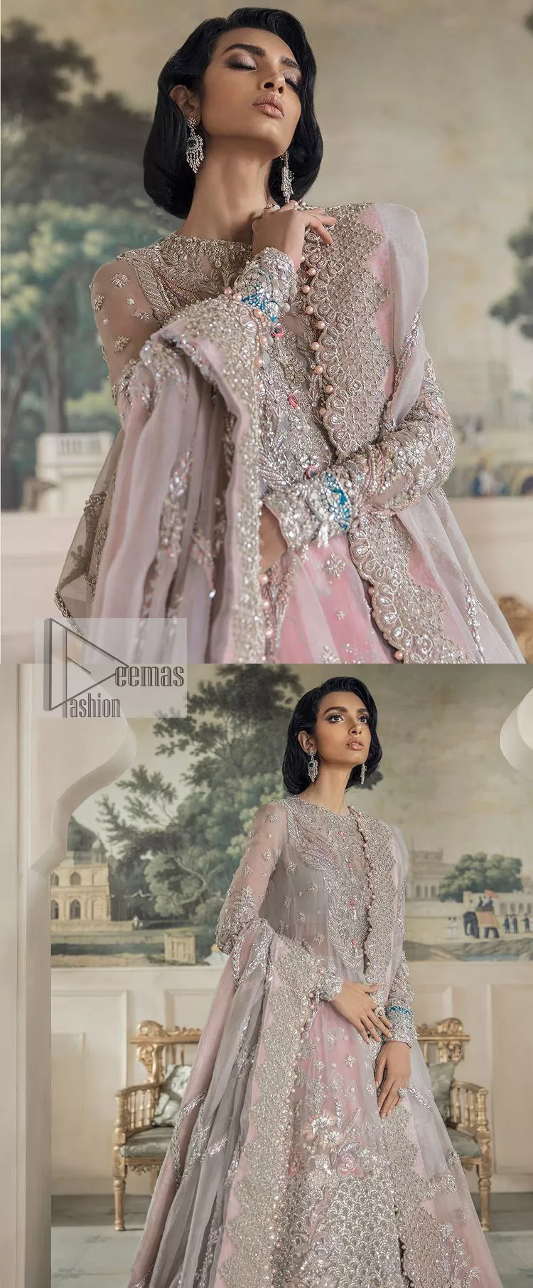 Define your true self with an outfit that speaks for its beauty. DeemasFashion introduces this rose pink maxi which is beautifully hand-crafted with silver embroidery encapsulated with tilla, dabka, kora, Kundan ad zardozi. The upper side of the maxi is adorned with tiny floral motifs to give you a sweet treat on your Walima day. Further, the high neckline along with full sleeves intensifies the beauty of the outfit. It is paired up with sharara which is best for your walima day to give you a memorable and unique look. Complete this article with a dupatta in the same colour which is adorned with a four-side border to define your self-love.