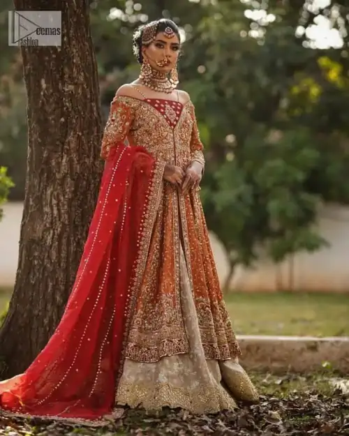 Shine bright in the sparkling ensemble from DeemasFashion. Introducing this reception outfit which begins with a rust pishwas. This front