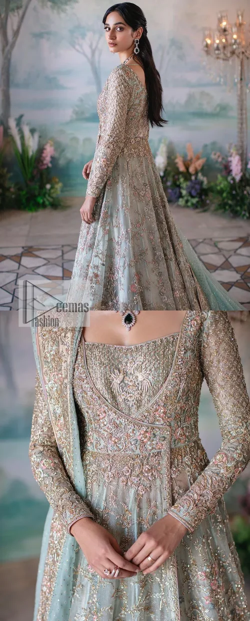 Unique embroidery designs to add some sparkle to your style on your Nikah! Light blue angrakha maxi with delicate multiple