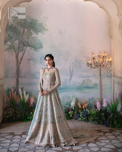 Unique embroidery designs to add some sparkle to your style on your Nikah! Light blue angrakha maxi with delicate multiple