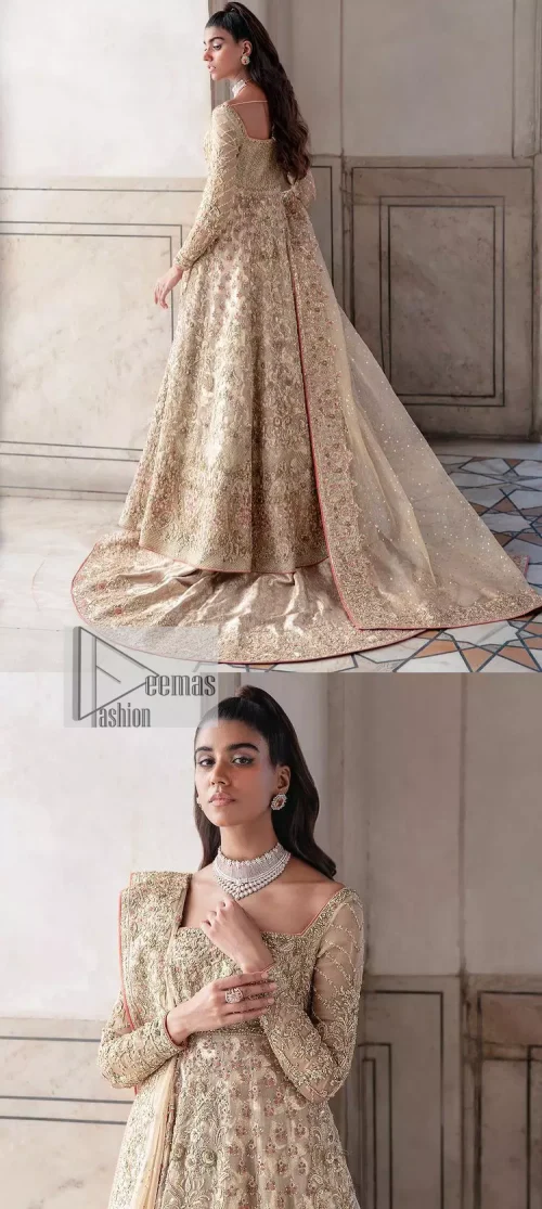 Ooze beauty and elegance in this simple yet amazing ensemble. This walima outfit in the off-white colour is a  magnificent