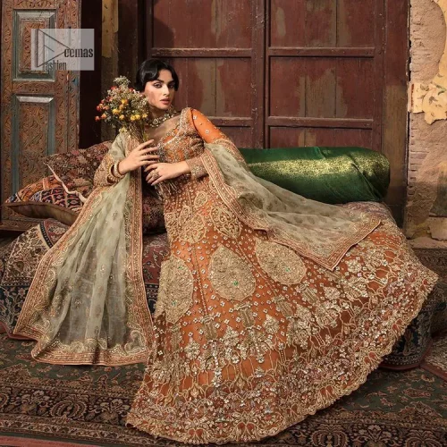 Let your dreams be your wings as your mehndi outfit. This rust heavy maxi features thoughtfully placed bold motifs all