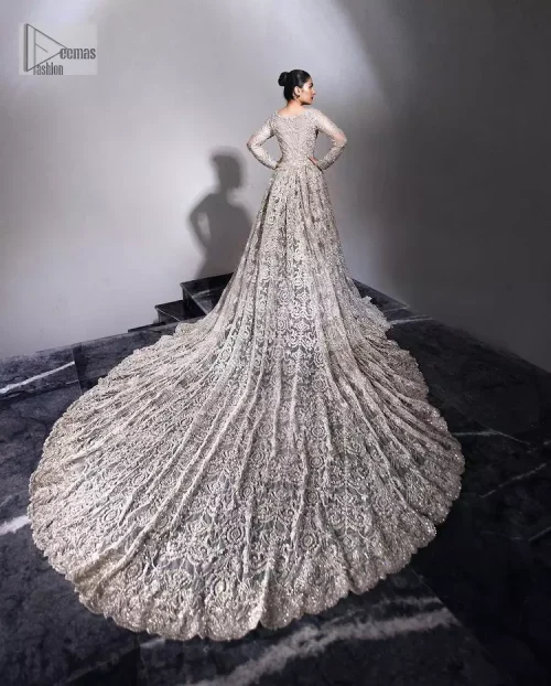 The trend of the back trains is still going strong as nikah wear - Here is the perfect one! This