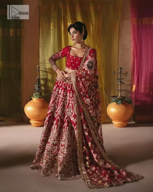 We are Introducing a wine red blouse and lehenga to our wide range of charming bridal dresses. The Pakistani reception