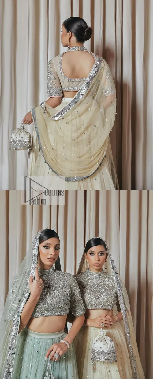 The perfect balance of simplicity and flamboyance is the essence of the beautiful Walima outfit. The blouse in off-white colour