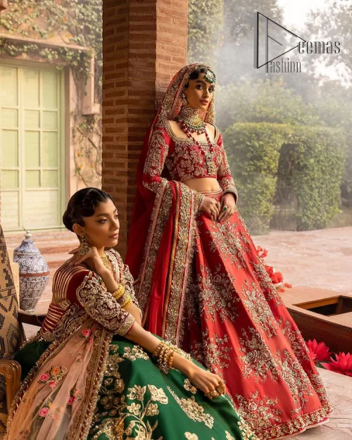 Red Blouse – Green Can Can Lehenga n Dupatta