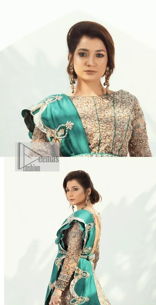 Celebrate your party with a bang and steal everyone's heart. The beautiful blouse in teal green shade comes in organza
