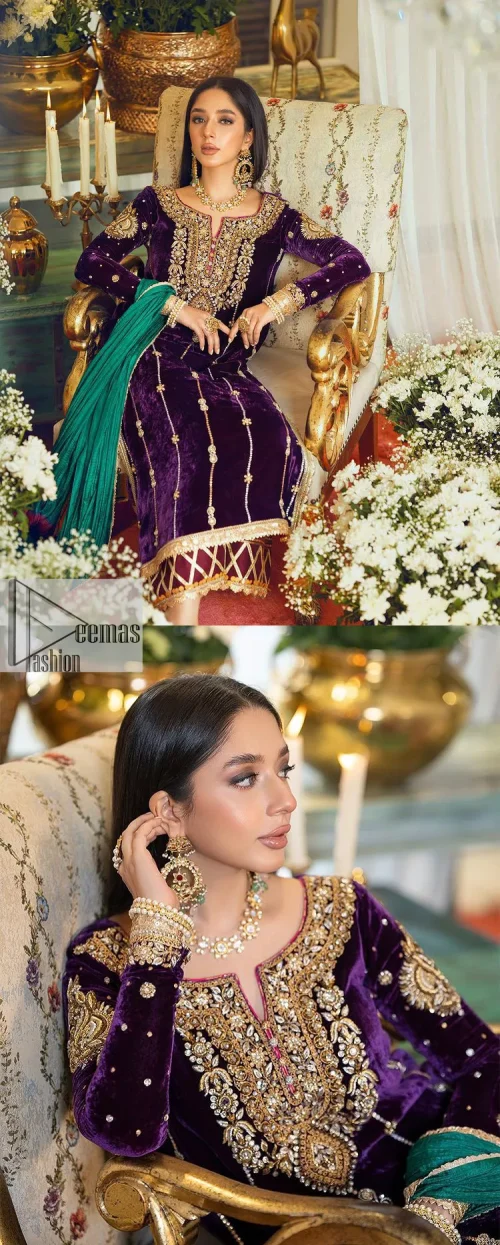 Dress yourself up in glamorous ensembles. DeemasFaashion presents this beautiful party outfit in plum colour. It is highlighted with golden