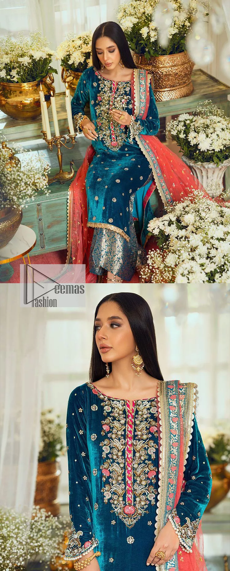 This dazzling yet elegant ensemble is perfect to make a statement at any event.  Long shirt for party dress in teal blue colour is embellished with multiple colour embroidery which is prominent with dabka, naqshi, stones, tilla, crystals work. The boat shape neckline is decorated with embroidery and with full-length sleeves. The fabric used for the shirt is velvet. It is paired with jamawar trousers in the same colour that is unique in style. Finish this party wear with a scalloped dupatta framed with a four-sided border and ting floral motifs all over that is the perfect choice for a party.