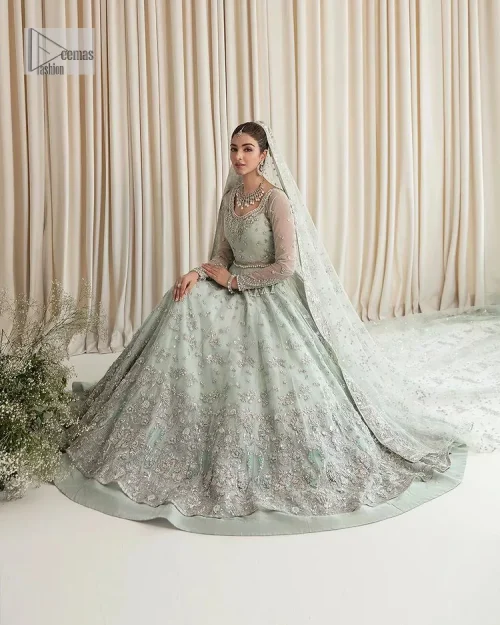 Exquisitely designed ensembles with delicate embroideries & traditional embellishments for nikah outfit statements. This beautiful maxi that comes in aqua