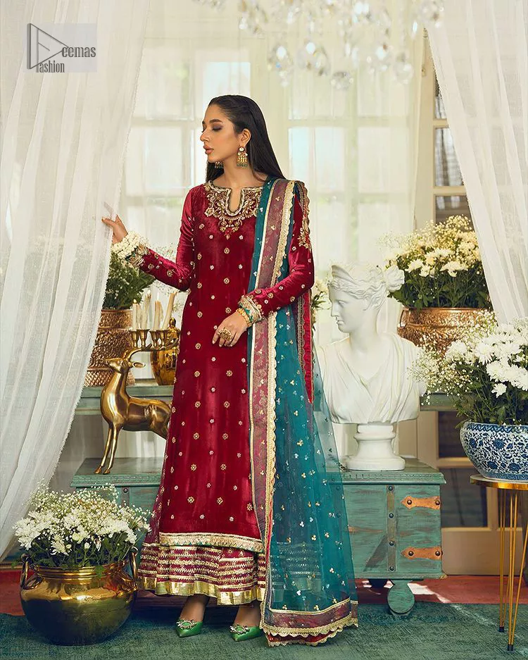 Deep Crimson Long Shirt Sharara Green Dupatta Party Wear